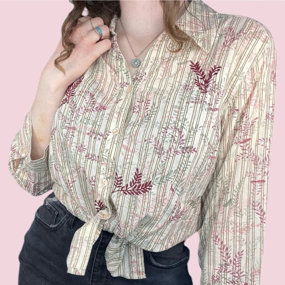 JM Collection Floral Fall Vibes Button Down Shirt - Cream and Pink 100% Cotton